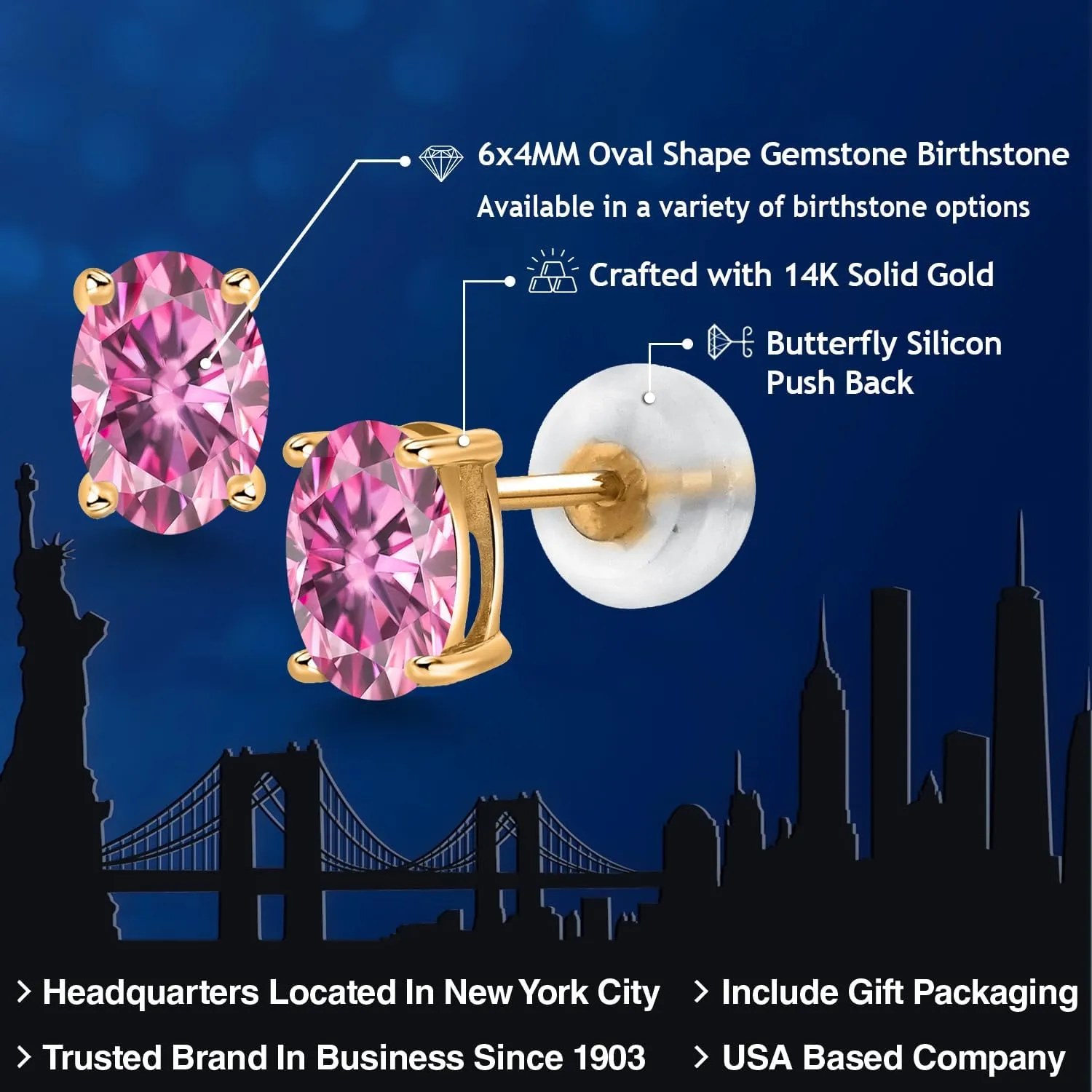 Gem Stone King 14K Gold Gemstone Birthstone Oval Stud Earrings | Oval 6X4MM | Gold Earrings For Women Men | Fine Jewelry Gifts for Her Mom Women Wife