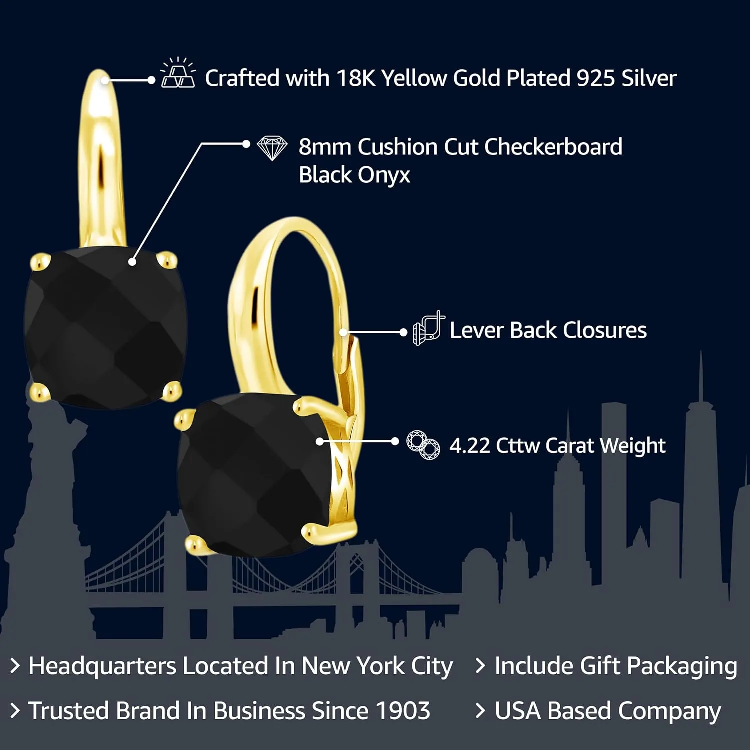 Gem Stone King 18K Yellow Gold Plated Silver 8MM Cushion Gemstone Birthstone Leverback Dangle Earrings for Women | Fine Jewelry for Her Mom Wife