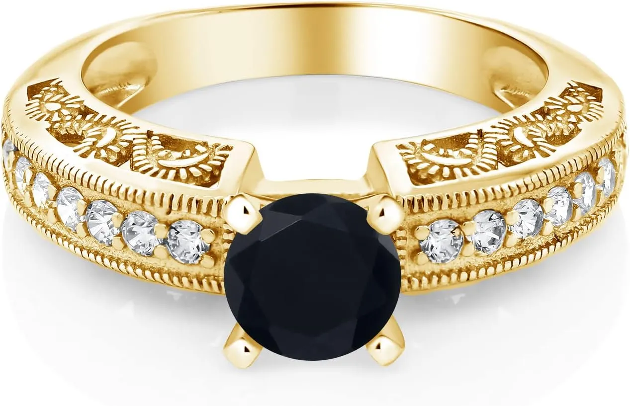 Gem Stone King 18K Yellow Gold Plated Silver Black Onyx Engagement Filigree Ring For Women (1.39 Cttw, Round 6MM, Gemstone December Birthstone, Available in Size 5,6,7,8,9)