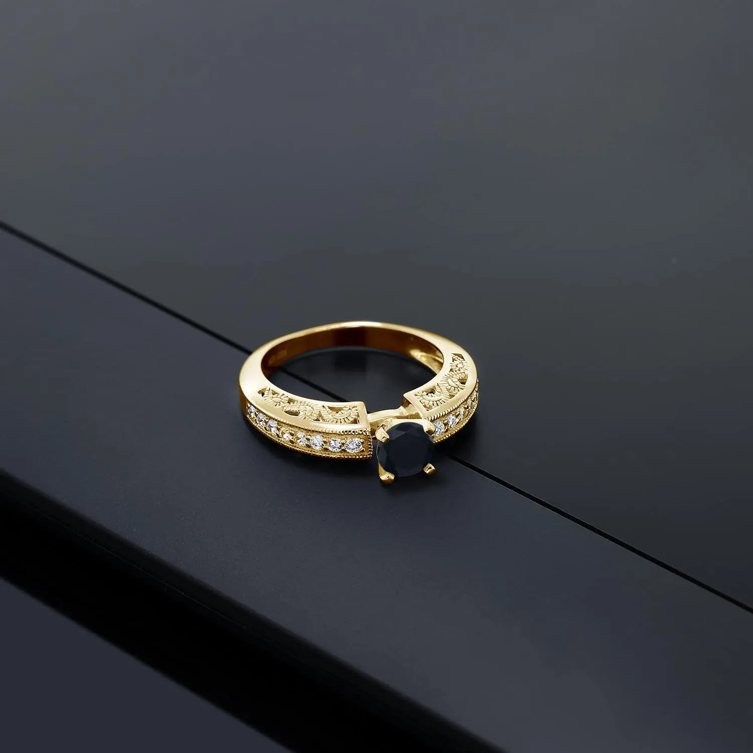 Gem Stone King 18K Yellow Gold Plated Silver Black Onyx Engagement Filigree Ring For Women (1.39 Cttw, Round 6MM, Gemstone December Birthstone, Available in Size 5,6,7,8,9)