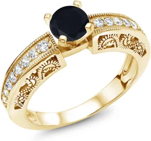 Gem Stone King 18K Yellow Gold Plated Silver Black Onyx Engagement Filigree Ring For Women (1.39 Cttw, Round 6MM, Gemstone December Birthstone, Available in Size 5,6,7,8,9)