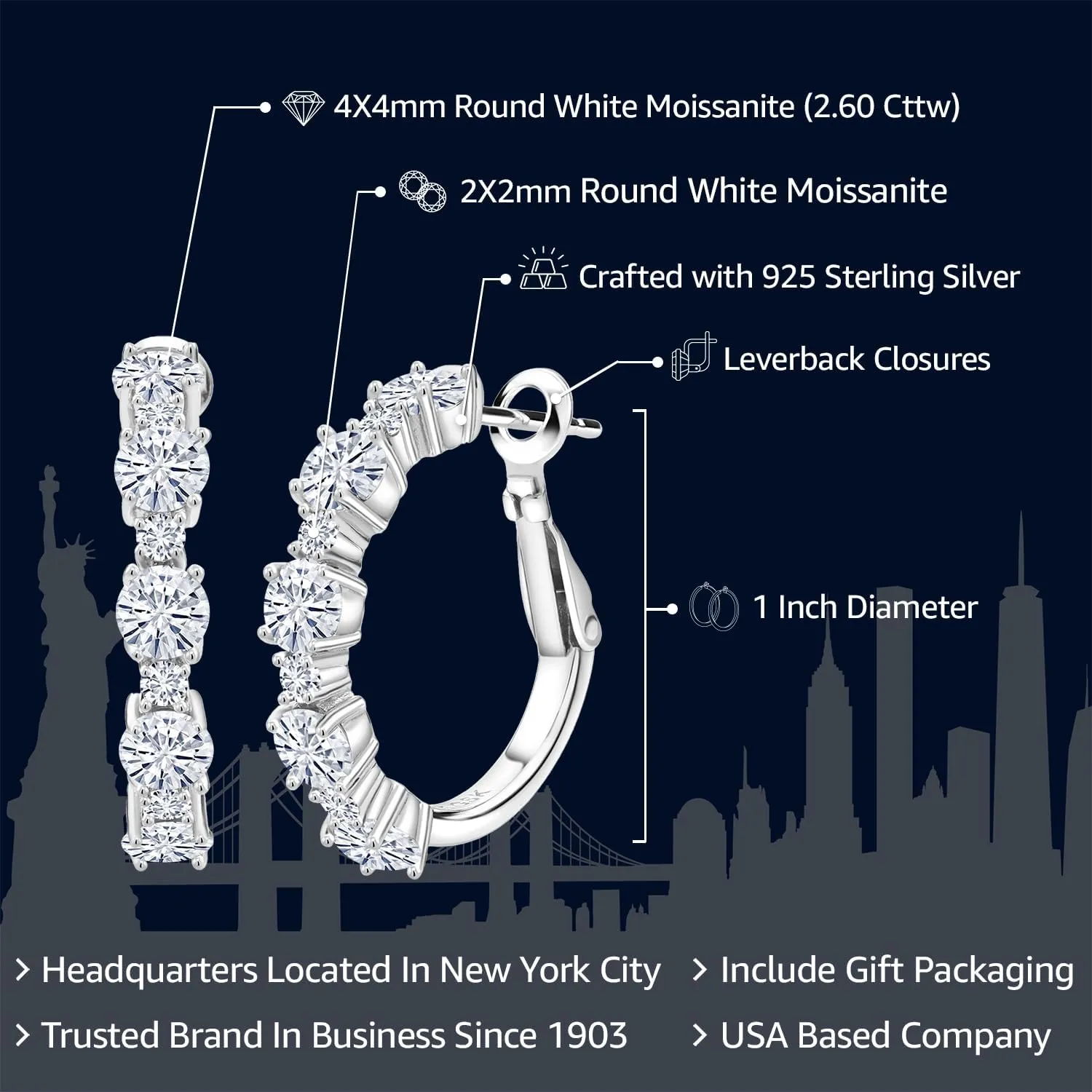 Gem Stone King 925 Sterling Silver Gemstone Birthstone Hoop Earrings for Women | Alternating Round 4MM and 1.9MM Stones | Elegant Graduated Design | Fine Jewelry Earrings | 1 Inch Diameter Hoops