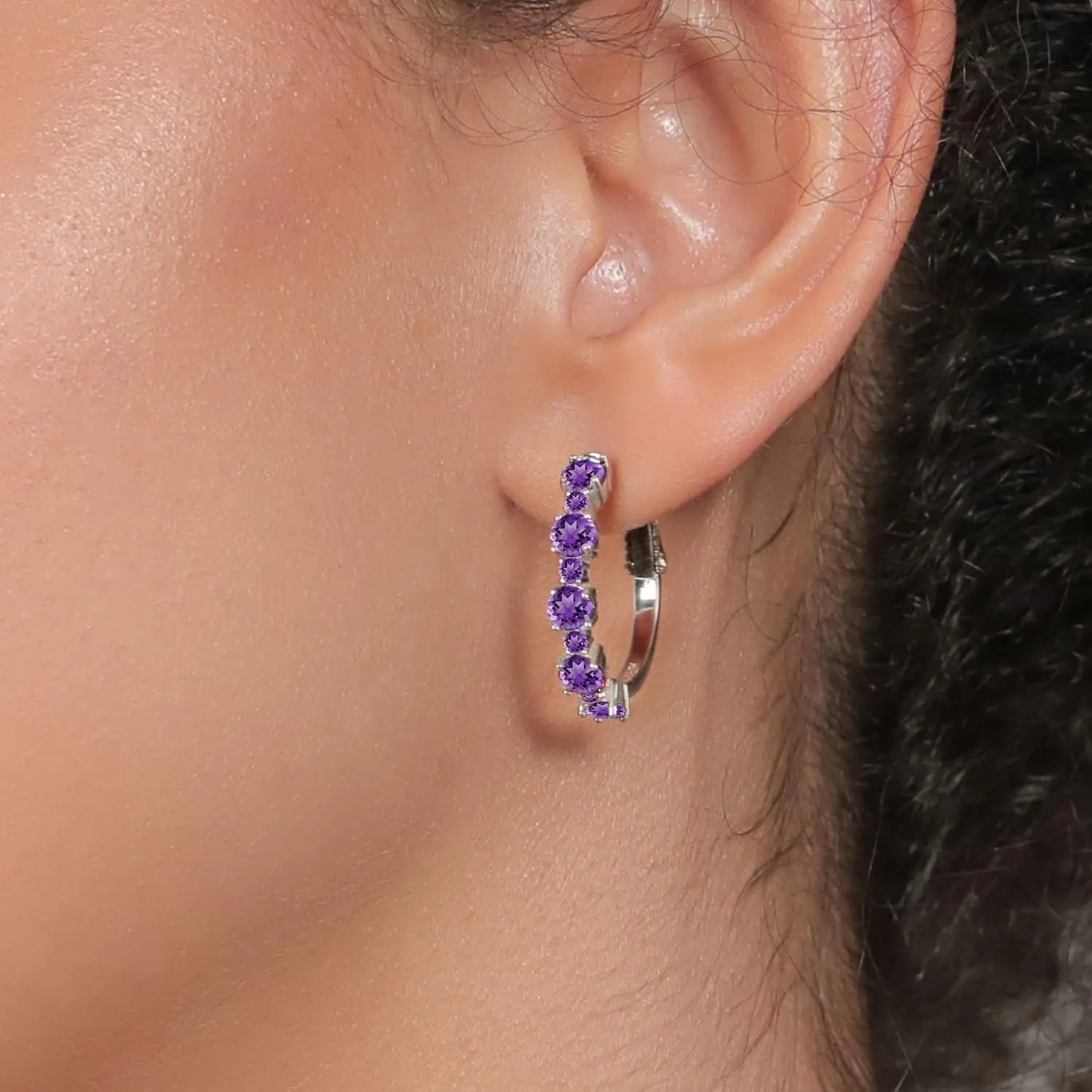 Gem Stone King 925 Sterling Silver Gemstone Birthstone Hoop Earrings for Women | Alternating Round 4MM and 1.9MM Stones | Elegant Graduated Design | Fine Jewelry Earrings | 1 Inch Diameter Hoops