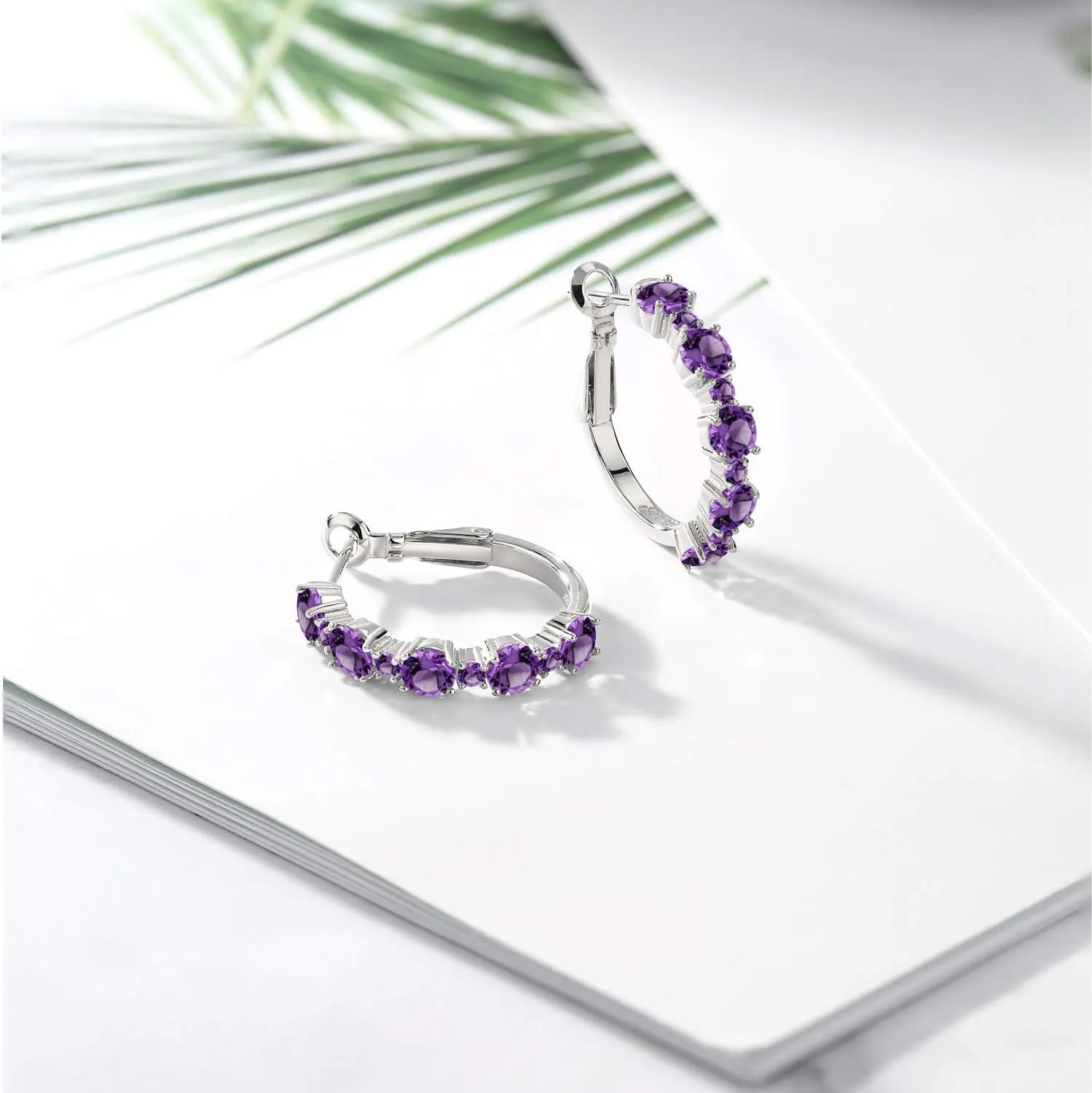 Gem Stone King 925 Sterling Silver Gemstone Birthstone Hoop Earrings for Women | Alternating Round 4MM and 1.9MM Stones | Elegant Graduated Design | Fine Jewelry Earrings | 1 Inch Diameter Hoops