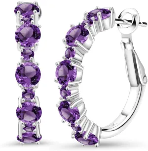 Gem Stone King 925 Sterling Silver Gemstone Birthstone Hoop Earrings for Women | Alternating Round 4MM and 1.9MM Stones | Elegant Graduated Design | Fine Jewelry Earrings | 1 Inch Diameter Hoops