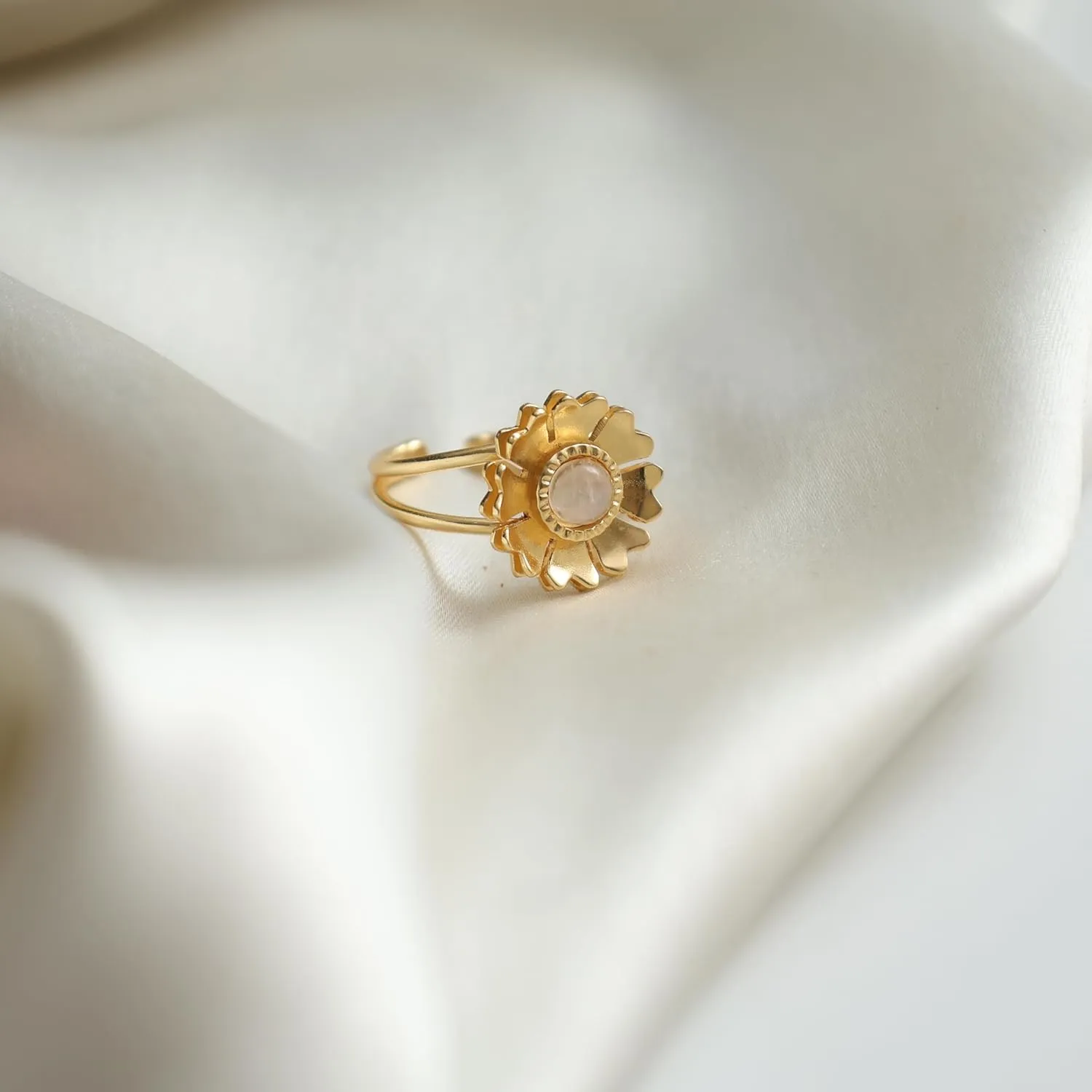 Gempires Moonstone Gemstone Ring Flower Crystal Handmade Jewelry June Birthstone Gifts Hypoallergenic Gold Plated Statement Handmade Rings For Women