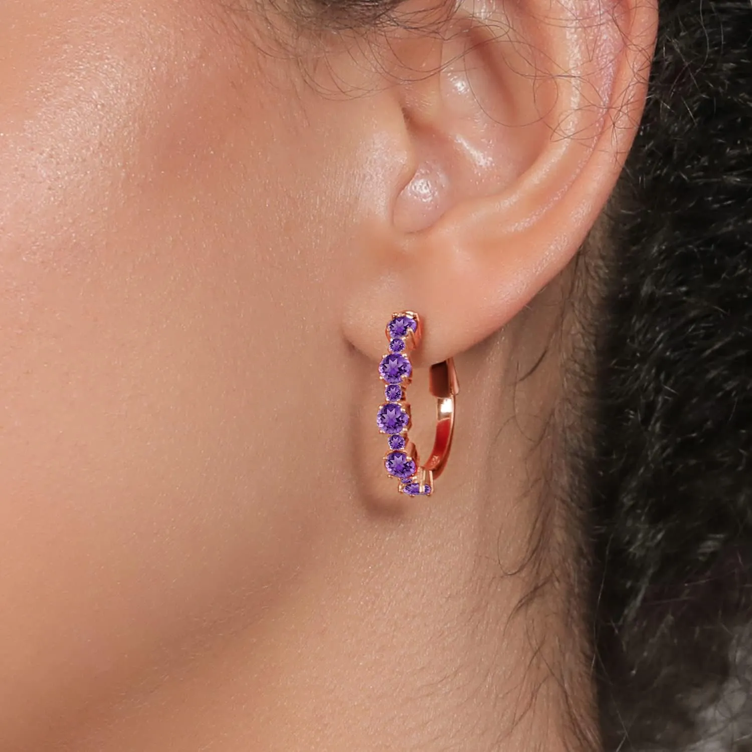 Gemstone Birthstone Hoop Earrings for Women in 18K Rose Gold Plated Silver| Alternating Round 4MM and 1.9MM Stones | Elegant Graduated Design | Fine Jewelry Earrings | 1 Inch Diameter Hoops