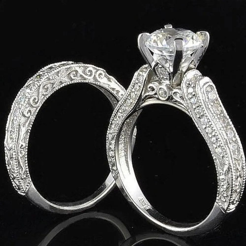 Generic 2 Ct Round Diamond Womens Stacking Rings 1920s Antique Art Deco Style Edwardian Milgrain Engagement Rings Set 14K White Gold Plated Filigree Matching Wedding Bands Set Handmade Proposal Rings
