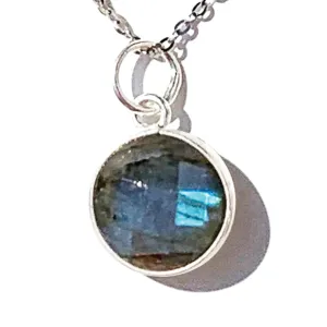 Genuine Labradorite Necklace in Sterling Silver, March Birthstone Gift for Men and Women, Boho Jewelry 18 inch long (labradorite-round-silver)