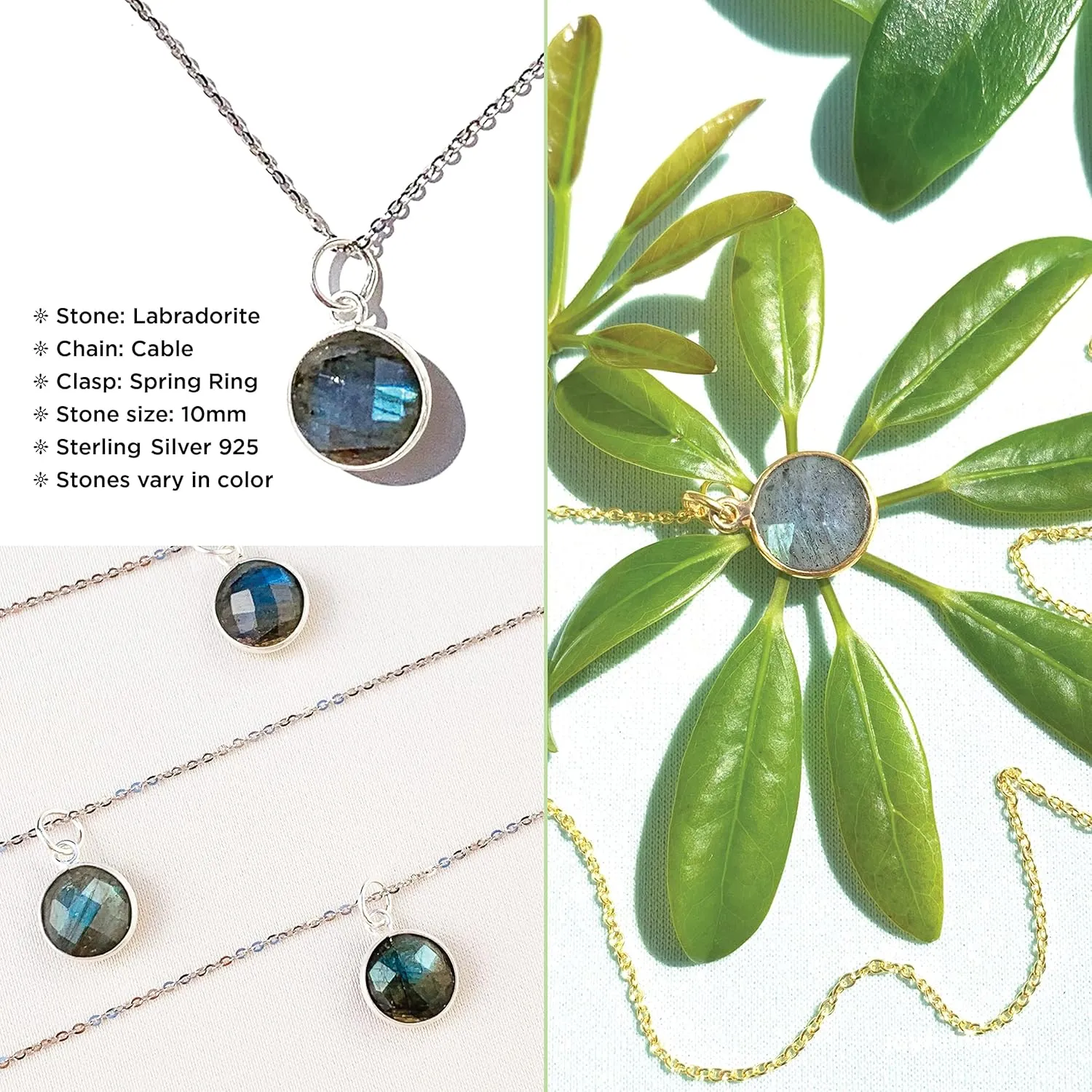 Genuine Labradorite Necklace in Sterling Silver, March Birthstone Gift for Men and Women, Boho Jewelry 18 inch long (labradorite-round-silver)