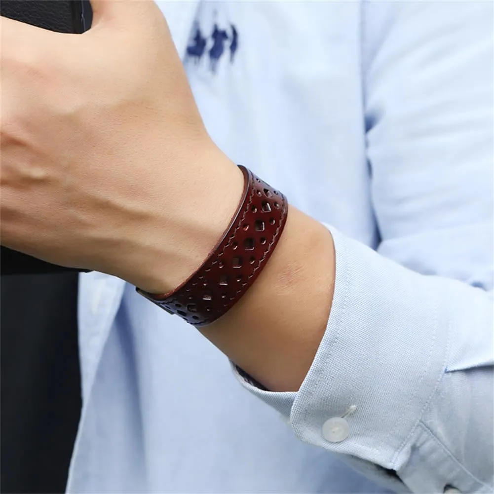 Genuine Leather Bracelet for Men Women, Braided Punk Biker Wristband, Adjustable 6.5-9.0 inches