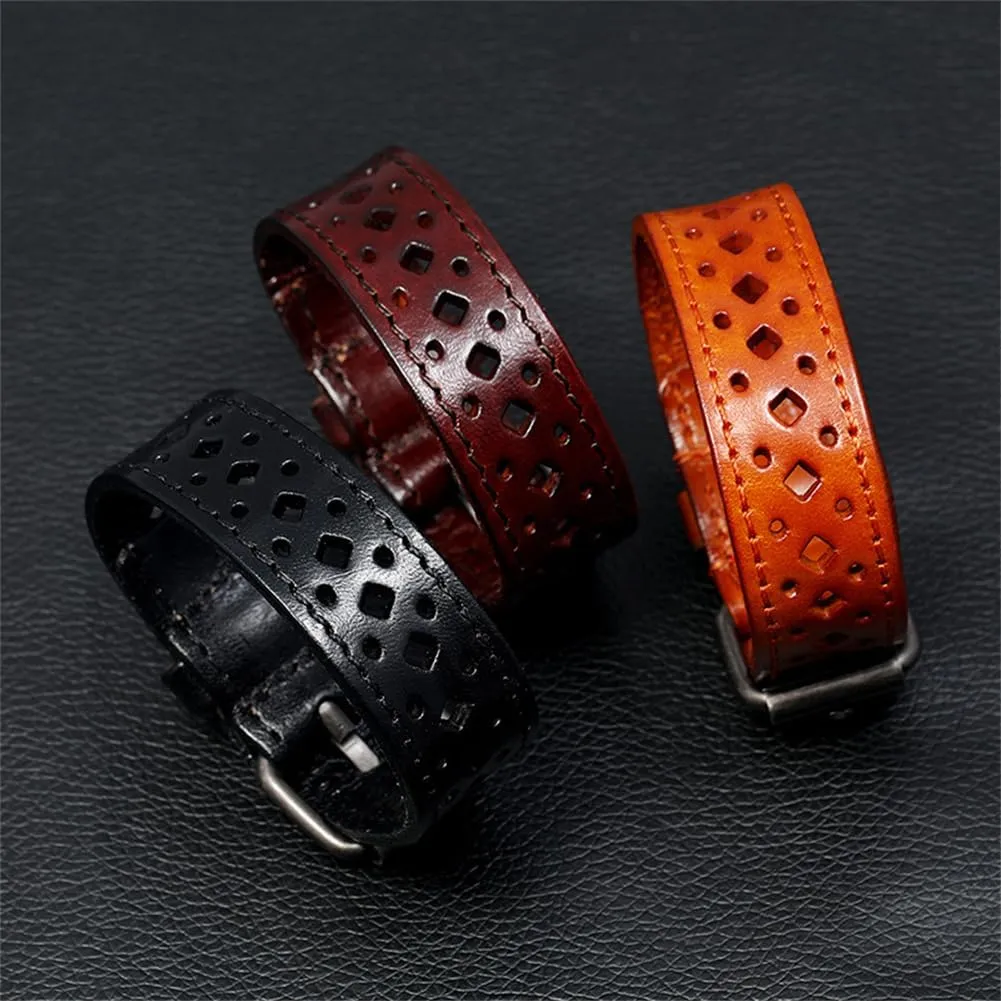 Genuine Leather Bracelet for Men Women, Braided Punk Biker Wristband, Adjustable 6.5-9.0 inches