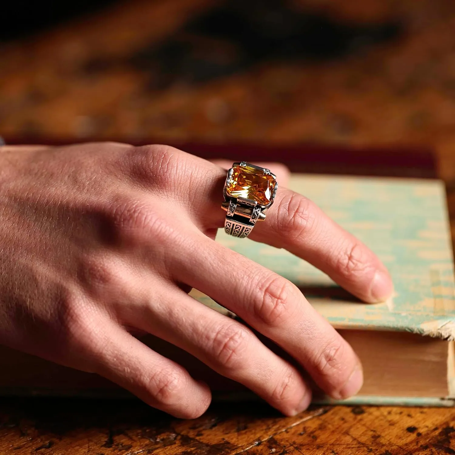 Genuine Solid 925 Sterling Silver Ring for Men, Accented with Bronze, Faceted Simulated Red Ruby Stone, Vintage Turkish Ottoman Style