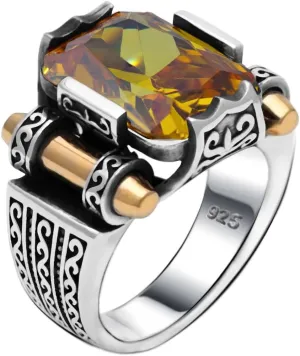 Genuine Solid 925 Sterling Silver Ring for Men, Accented with Bronze, Faceted Simulated Red Ruby Stone, Vintage Turkish Ottoman Style