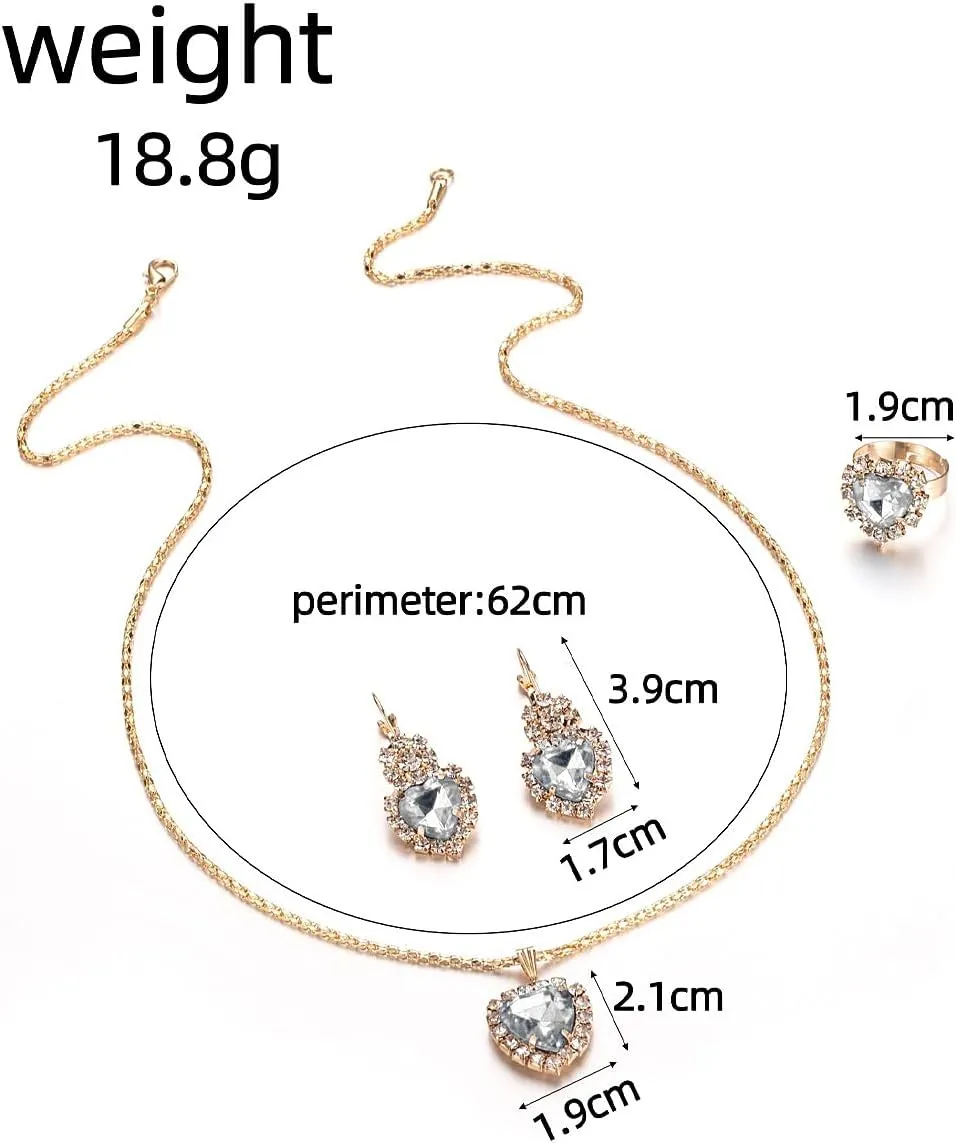 GIGB PBDK Bridal Heart Necklace Earring Ring Jewelry Set for Women Wedding Prom Vintage Rhinestone Flower Choker Crystal Dangle Statement Earrings Bridesmaid Dresses Accessories Gifts