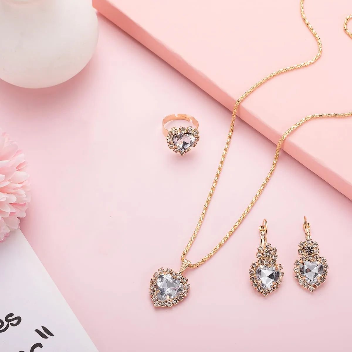 GIGB PBDK Bridal Heart Necklace Earring Ring Jewelry Set for Women Wedding Prom Vintage Rhinestone Flower Choker Crystal Dangle Statement Earrings Bridesmaid Dresses Accessories Gifts
