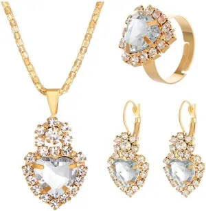 GIGB PBDK Bridal Heart Necklace Earring Ring Jewelry Set for Women Wedding Prom Vintage Rhinestone Flower Choker Crystal Dangle Statement Earrings Bridesmaid Dresses Accessories Gifts