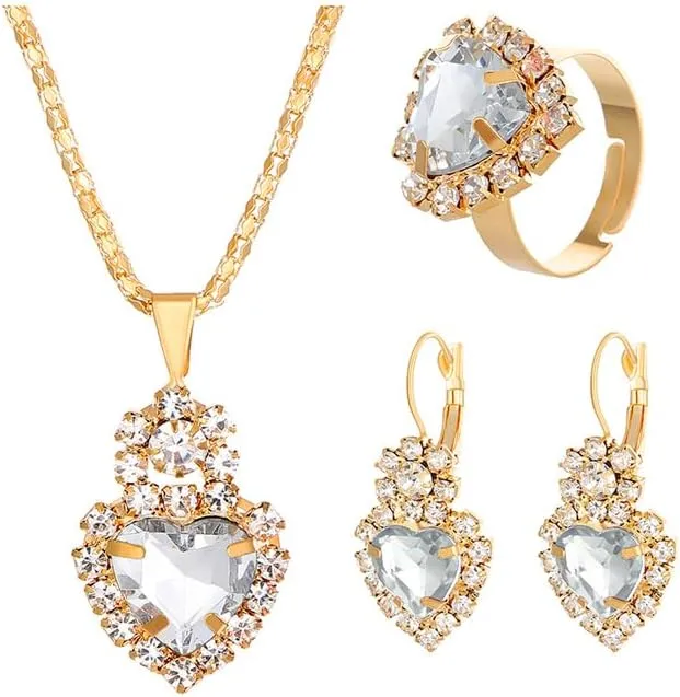 GIGB PBDK Bridal Heart Necklace Earring Ring Jewelry Set for Women Wedding Prom Vintage Rhinestone Flower Choker Crystal Dangle Statement Earrings Bridesmaid Dresses Accessories Gifts