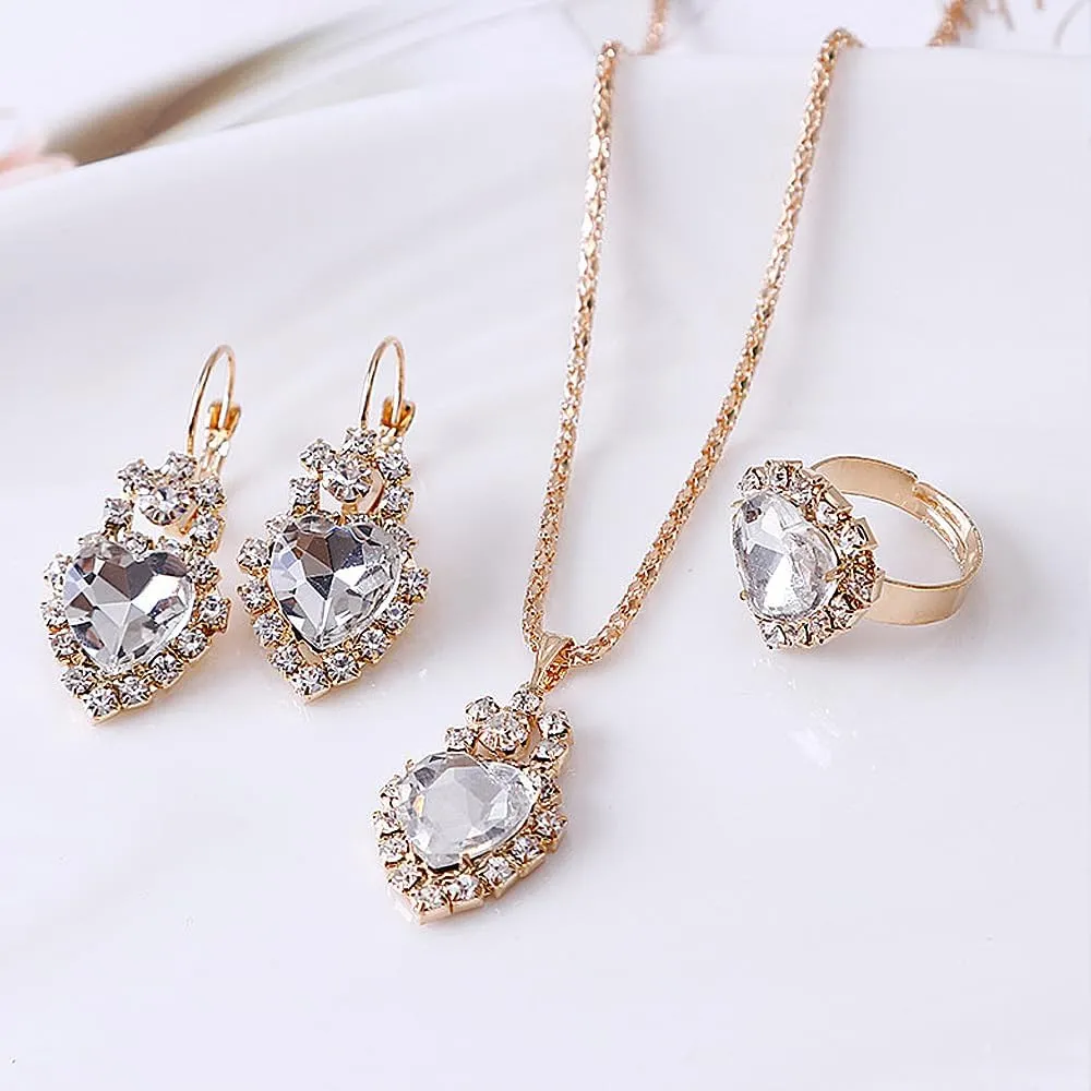 GIGB PBDK Bridal Heart Necklace Earring Ring Jewelry Set for Women Wedding Prom Vintage Rhinestone Flower Choker Crystal Dangle Statement Earrings Bridesmaid Dresses Accessories Gifts