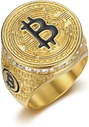 GOLD Bling BitCoin Symbol Ring - Iced Out Bitcoin Jewelry for Men