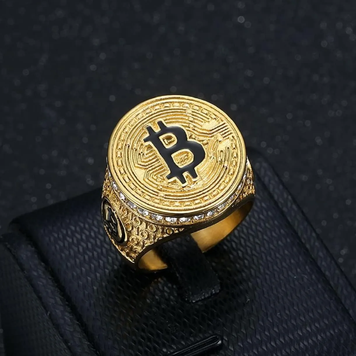 GOLD Bling BitCoin Symbol Ring - Iced Out Bitcoin Jewelry for Men