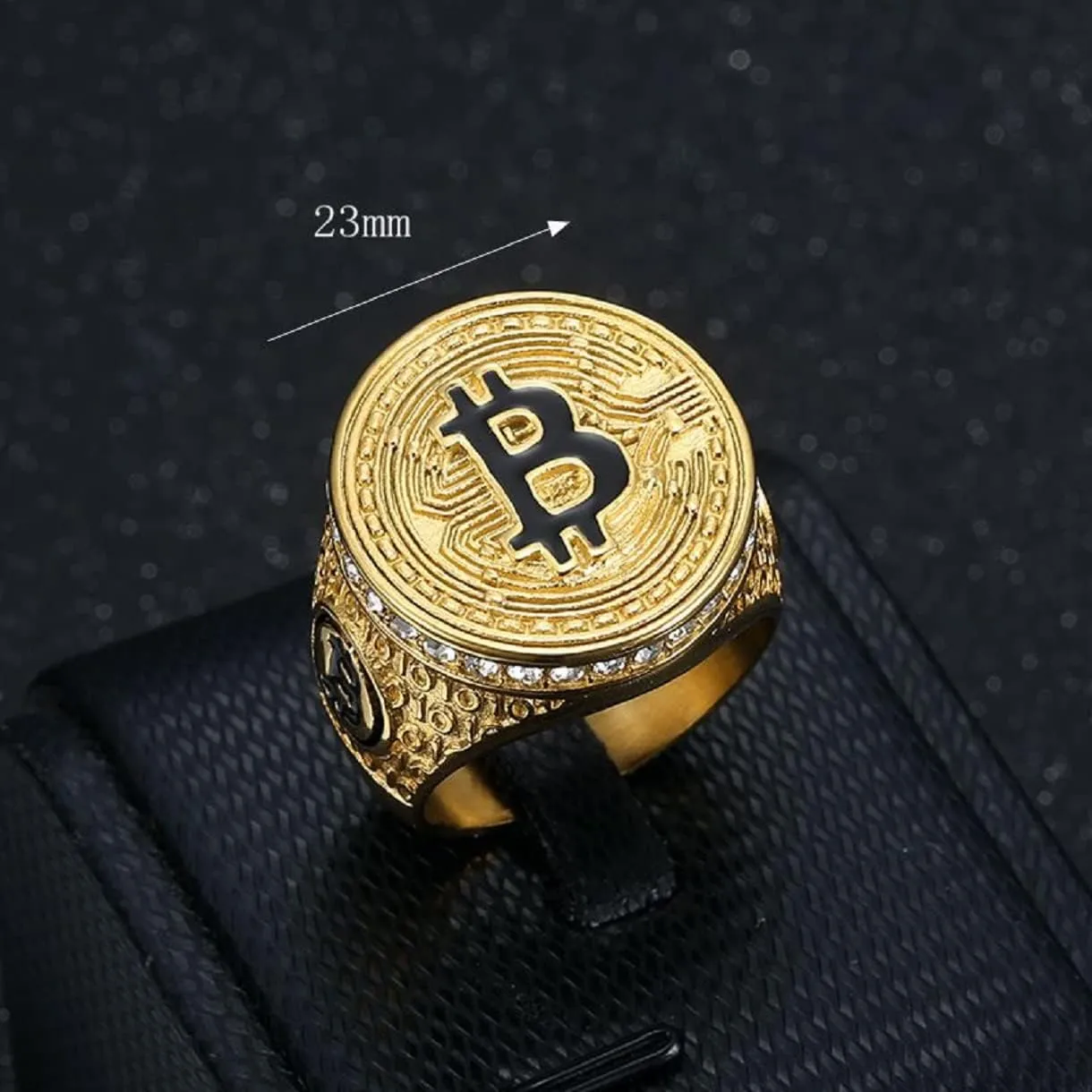 GOLD Bling BitCoin Symbol Ring - Iced Out Bitcoin Jewelry for Men