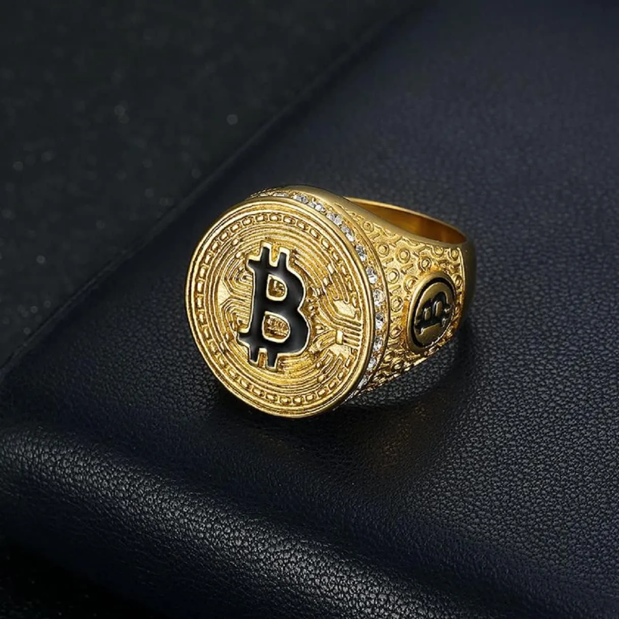 GOLD Bling BitCoin Symbol Ring - Iced Out Bitcoin Jewelry for Men