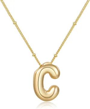 Gold Bubble Initial Necklace for Women Balloon Letter Necklace 18K Gold Plated Dainty Alphabet Pendant Puffy Name Personal Necklace