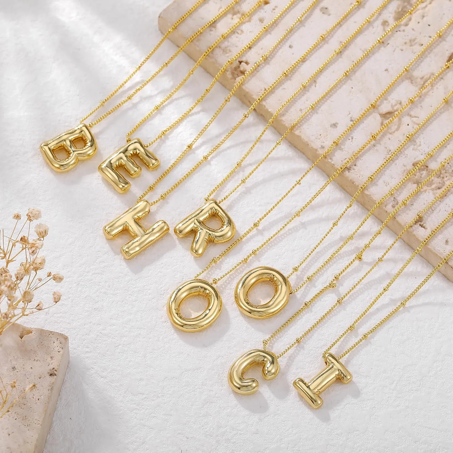 Gold Bubble Initial Necklace for Women Balloon Letter Necklace 18K Gold Plated Dainty Alphabet Pendant Puffy Name Personal Necklace