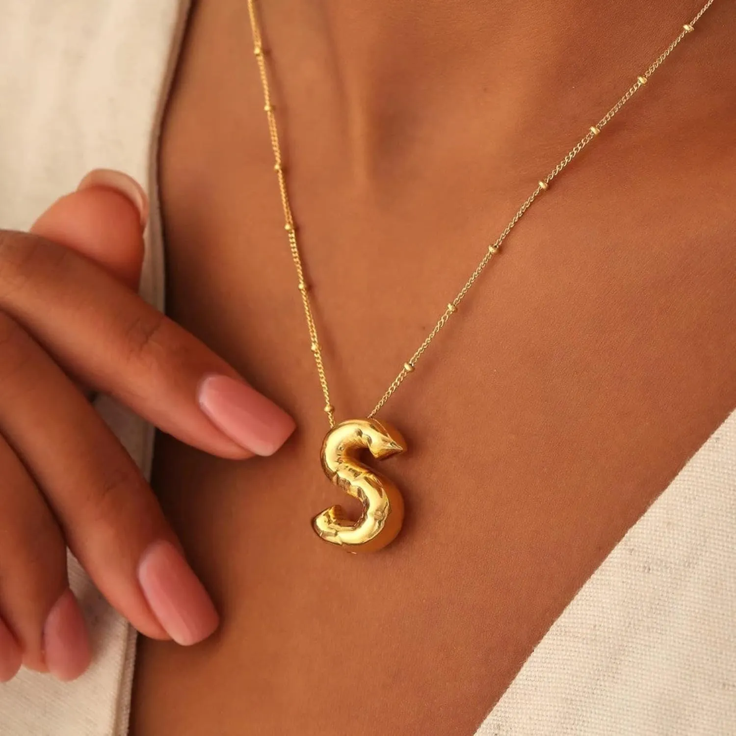 Gold Bubble Initial Necklace for Women Balloon Letter Necklace 18K Gold Plated Dainty Alphabet Pendant Puffy Name Personal Necklace