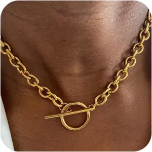 Gold Chunky Necklace for Women 14K Gold Plated Chain Clasp Toggle Necklaces Paperclip Statement Link T-Bar Clasp Dainty Gold Necklace Jewelry Gifts