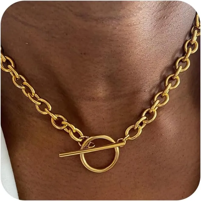 Gold Chunky Necklace for Women 14K Gold Plated Chain Clasp Toggle Necklaces Paperclip Statement Link T-Bar Clasp Dainty Gold Necklace Jewelry Gifts