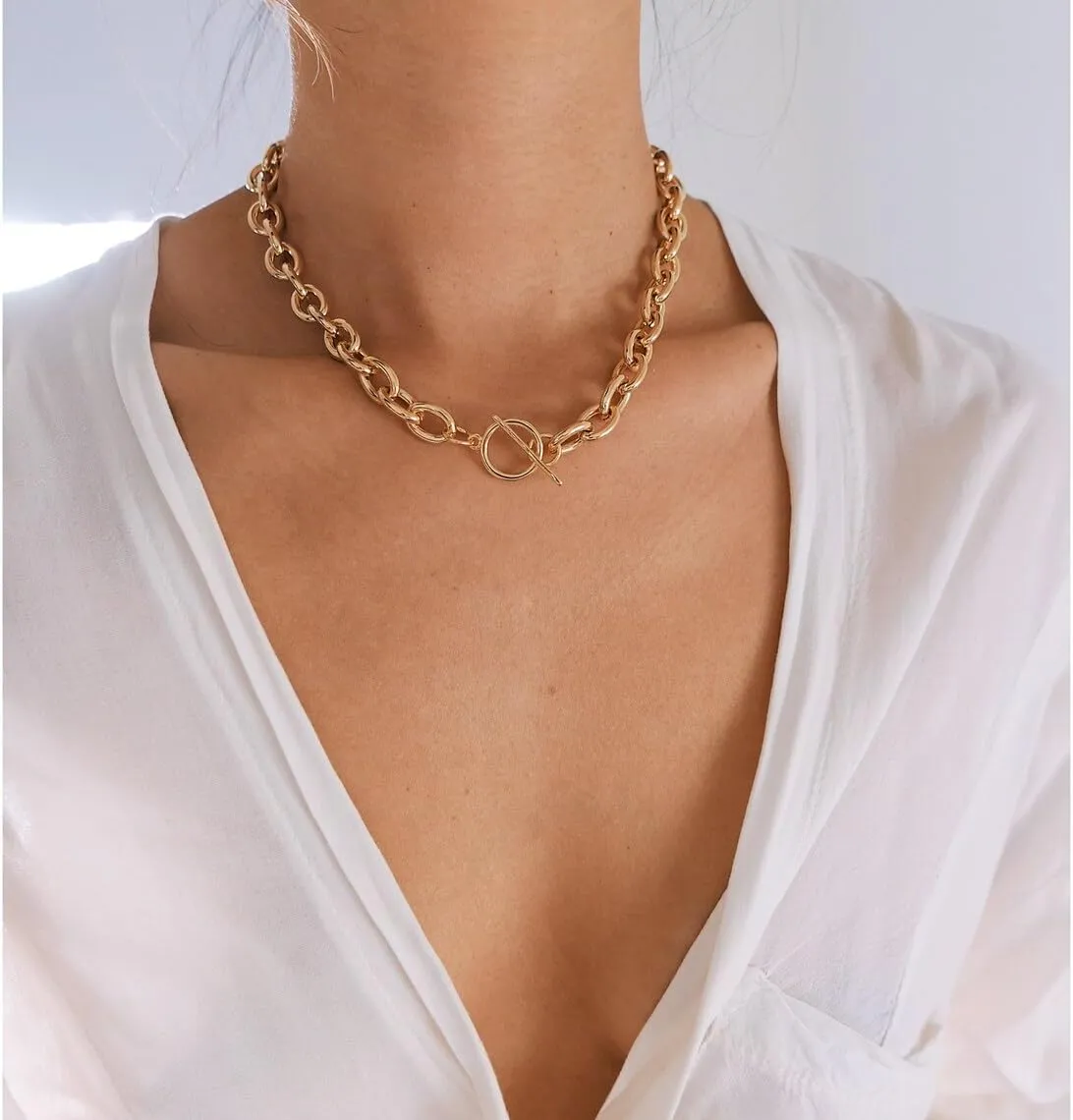 Gold Chunky Necklace for Women 14K Gold Plated Chain Clasp Toggle Necklaces Paperclip Statement Link T-Bar Clasp Dainty Gold Necklace Jewelry Gifts