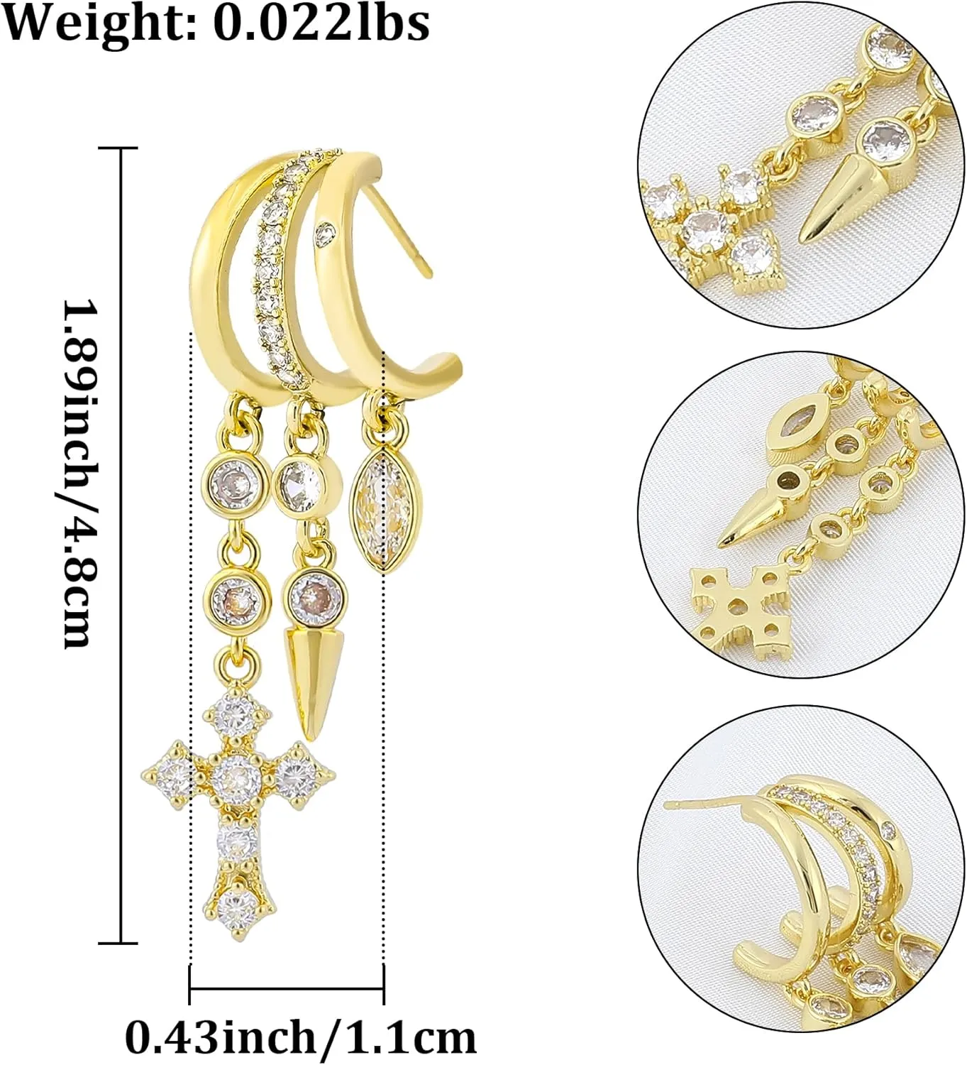 Gold Cross Earrings for Women 14K Gold Plated Dangle Chain Cross Flower Bow Moon Star Triple Hoop Earrings for Single Piercing Open Hoop for One Hole with Cubic Zirconia Trendy Jewelry Gift
