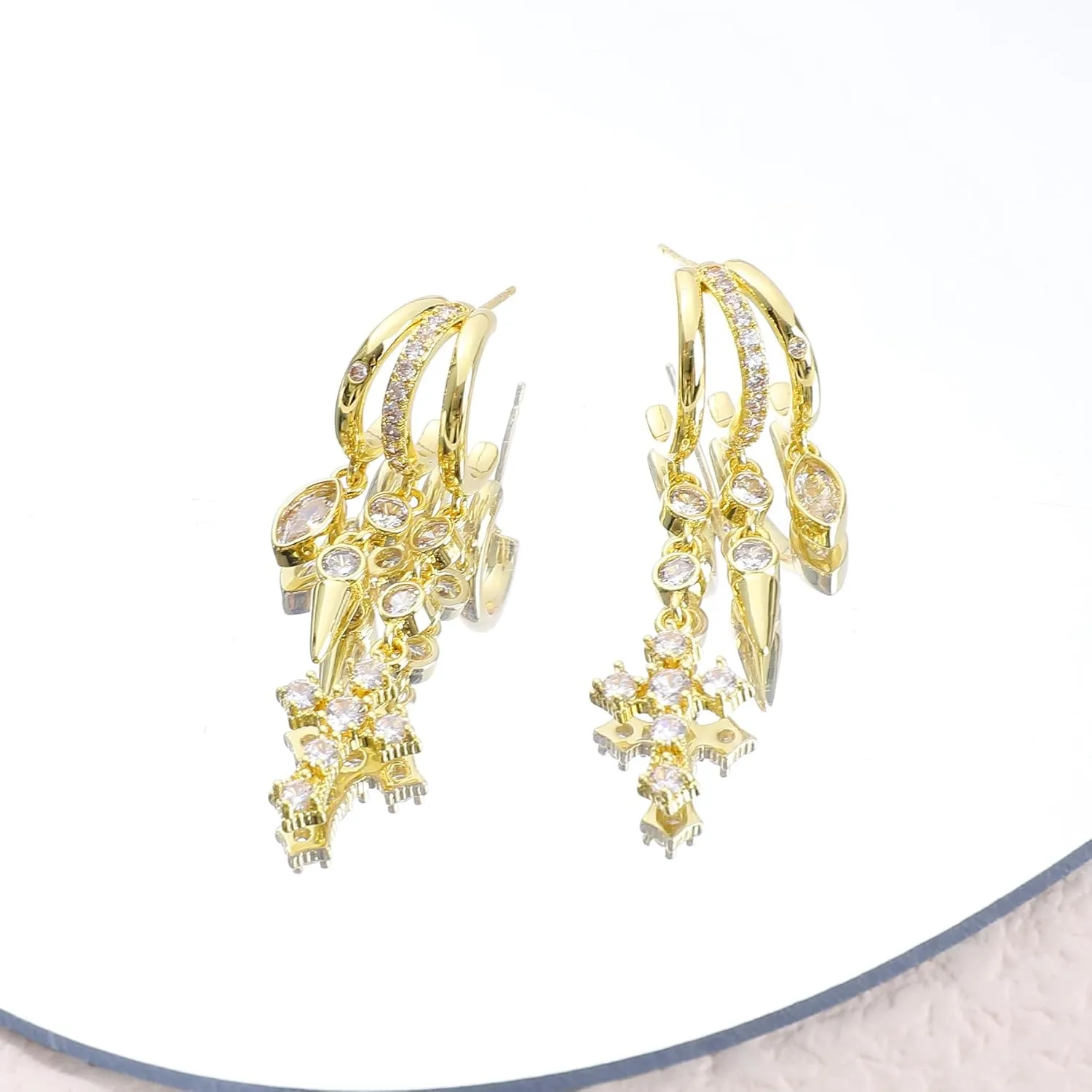 Gold Cross Earrings for Women 14K Gold Plated Dangle Chain Cross Flower Bow Moon Star Triple Hoop Earrings for Single Piercing Open Hoop for One Hole with Cubic Zirconia Trendy Jewelry Gift