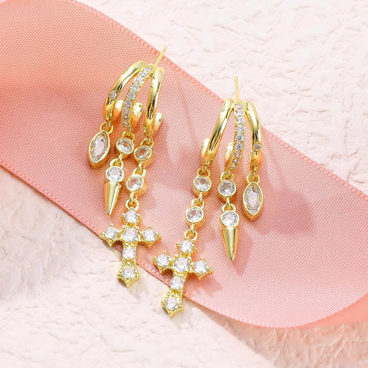 Gold Cross Earrings for Women 14K Gold Plated Dangle Chain Cross Flower Bow Moon Star Triple Hoop Earrings for Single Piercing Open Hoop for One Hole with Cubic Zirconia Trendy Jewelry Gift