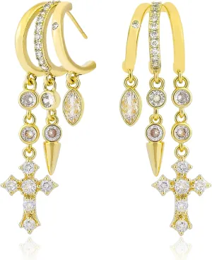 Gold Cross Earrings for Women 14K Gold Plated Dangle Chain Cross Flower Bow Moon Star Triple Hoop Earrings for Single Piercing Open Hoop for One Hole with Cubic Zirconia Trendy Jewelry Gift