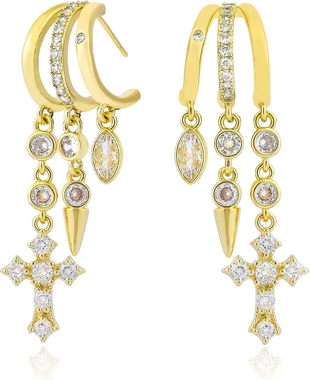 Gold Cross Earrings for Women 14K Gold Plated Dangle Chain Cross Flower Bow Moon Star Triple Hoop Earrings for Single Piercing Open Hoop for One Hole with Cubic Zirconia Trendy Jewelry Gift