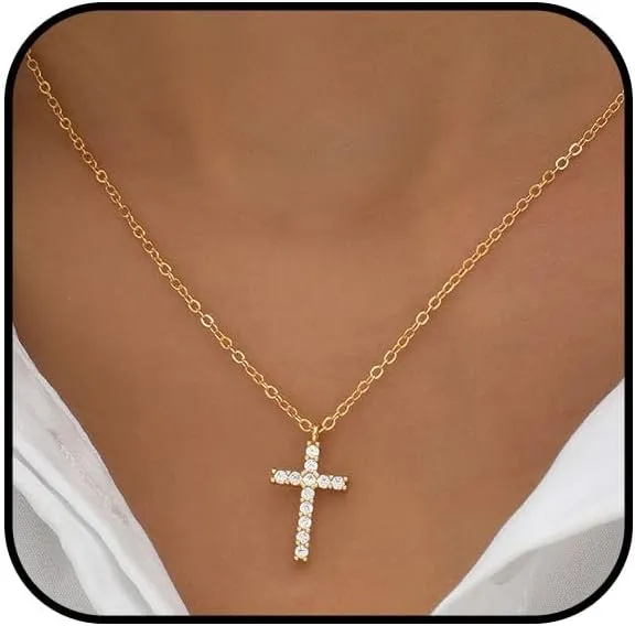Gold Cross Necklace for Women 14K Gold Plated Cubic Zirconia Cross Necklace Simple Delicate Cross Faith Pendant Necklace Lovely Little Cross Necklace for Women Jewelry