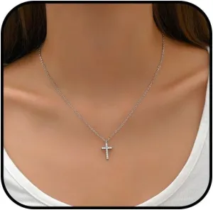 Gold Cross Necklace for Women 14K Gold Plated Cubic Zirconia Cross Necklace Simple Delicate Cross Faith Pendant Necklace Lovely Little Cross Necklace for Women Jewelry