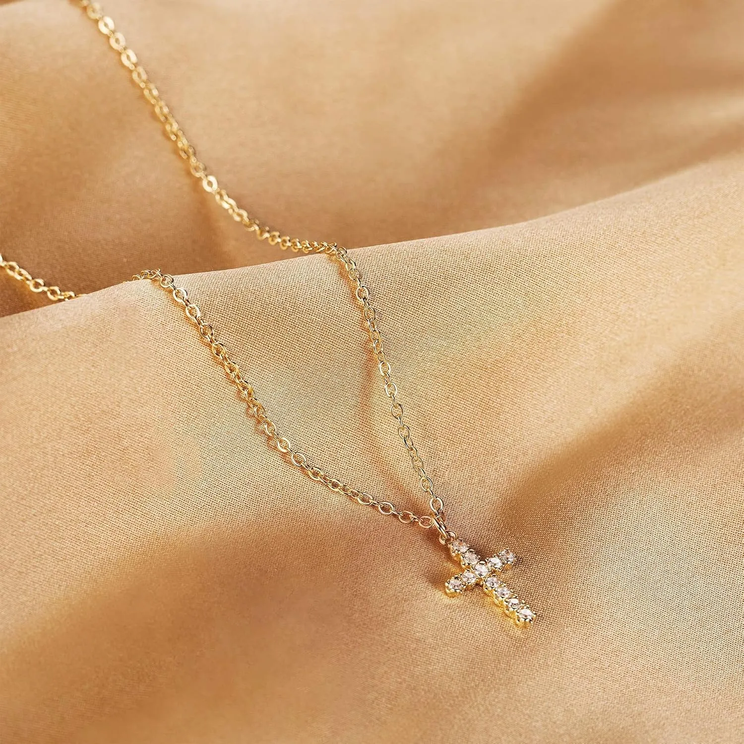 Gold Cross Necklace for Women 14K Gold Plated Cubic Zirconia Cross Necklace Simple Delicate Cross Faith Pendant Necklace Lovely Little Cross Necklace for Women Jewelry