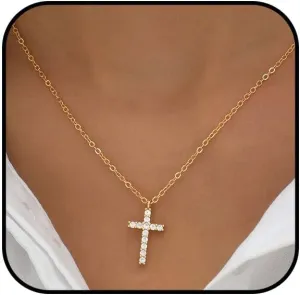 Gold Cross Necklace for Women 14K Gold Plated Cubic Zirconia Cross Necklace Simple Delicate Cross Faith Pendant Necklace Lovely Little Cross Necklace for Women Jewelry