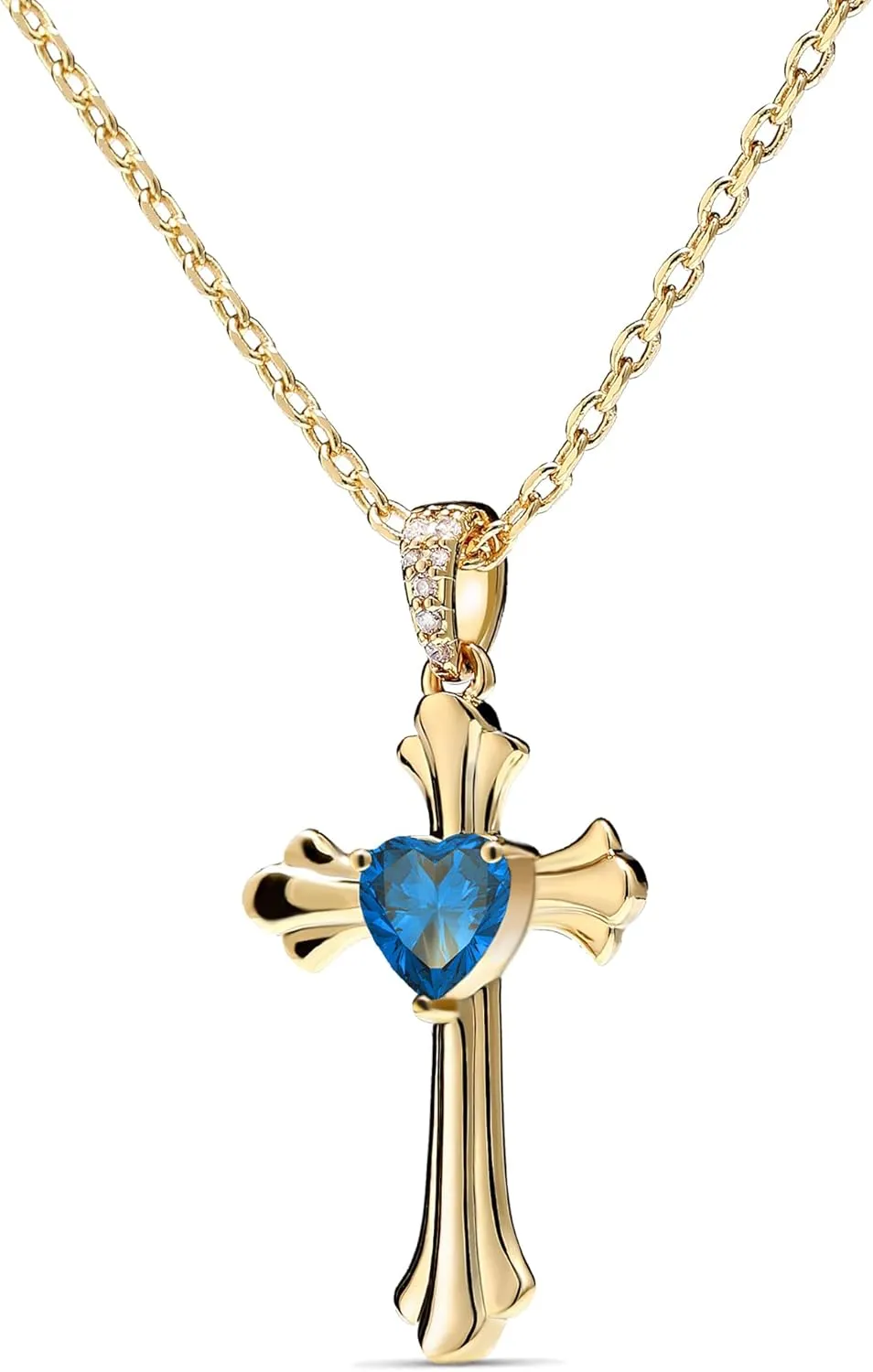 Gold Cross Necklace for Women - Dainty 18 Inch Chain with 2 Inch Extender, Heart-Shaped Zirconia Pendant, Delicate Christian Jewelry Gift for Her