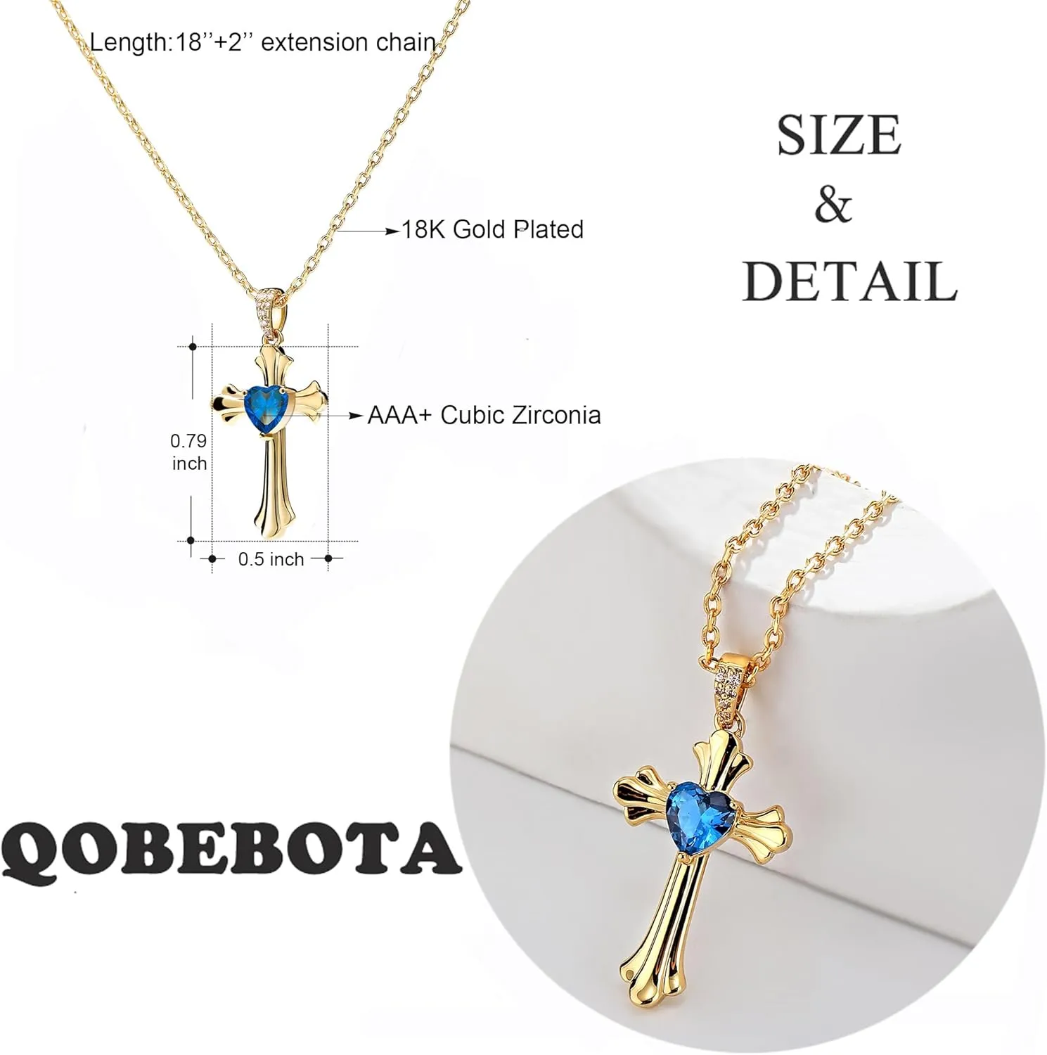 Gold Cross Necklace for Women - Dainty 18 Inch Chain with 2 Inch Extender, Heart-Shaped Zirconia Pendant, Delicate Christian Jewelry Gift for Her