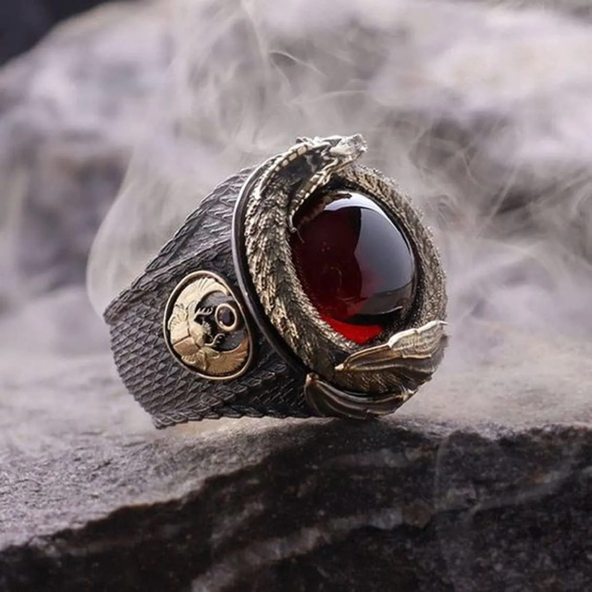 Gold Dragon Ring for Men - Norse Viking Animal Jewelry, Iced Out Celtic Hip Hop Band, Punk Style With Rhinestones