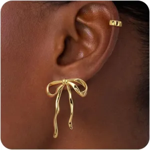 Gold Earrings for Women, 14k Gold Plated Bow Ribbon Earrings Hypoallergenic Non-Tarnish Dainty Cute Stud Tragus Piercing Earring Fashion Accessories for Her