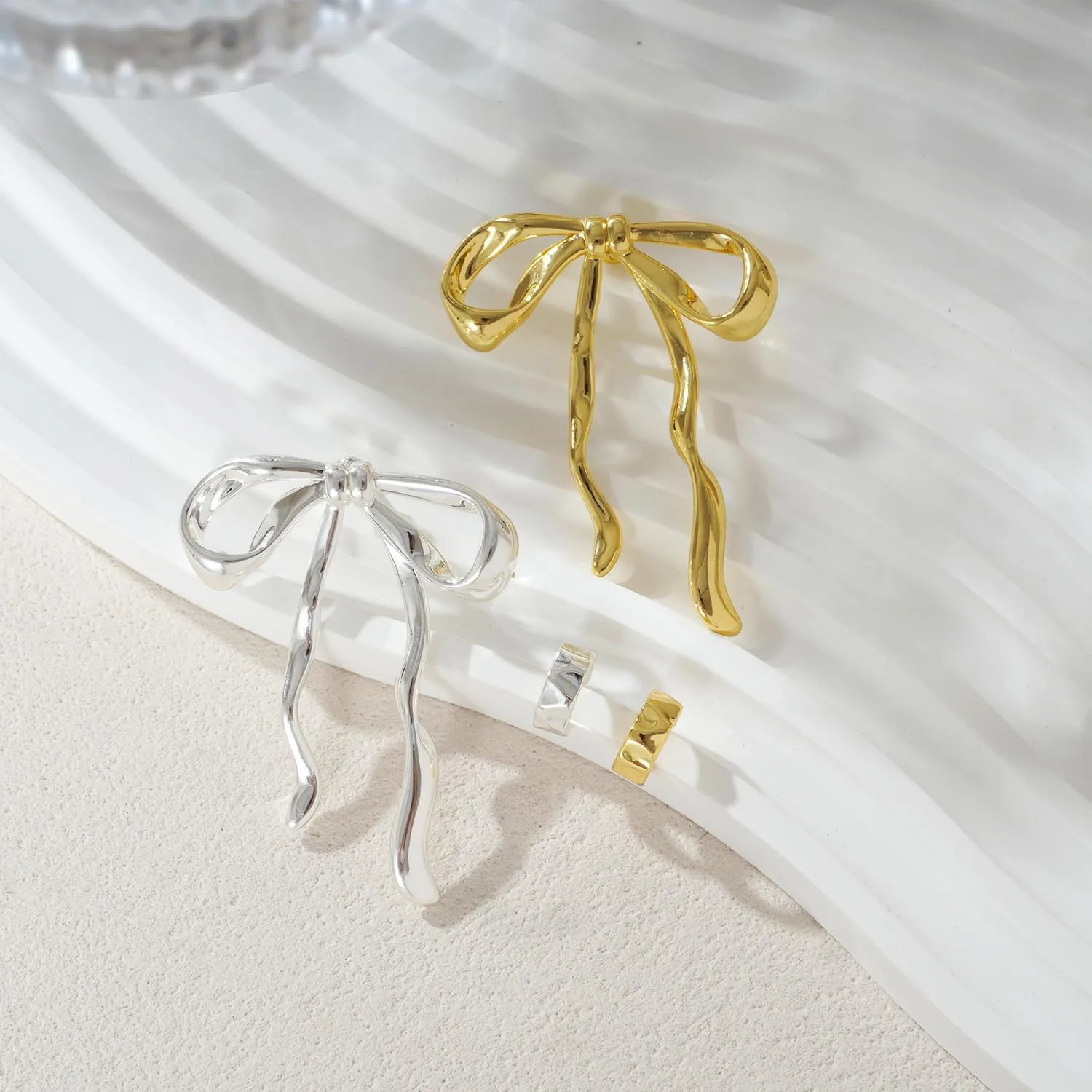 Gold Earrings for Women, 14k Gold Plated Bow Ribbon Earrings Hypoallergenic Non-Tarnish Dainty Cute Stud Tragus Piercing Earring Fashion Accessories for Her