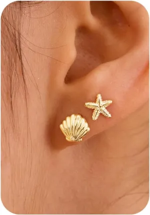 Gold Earrings for Women - 2 Pairs 14K Gold/Silver Plated Small Shell, Starfish, Turtle, Seahorse, Octopus, Cicada Stud Earrings Set Summer Beachy Jewelry for Women Gifts