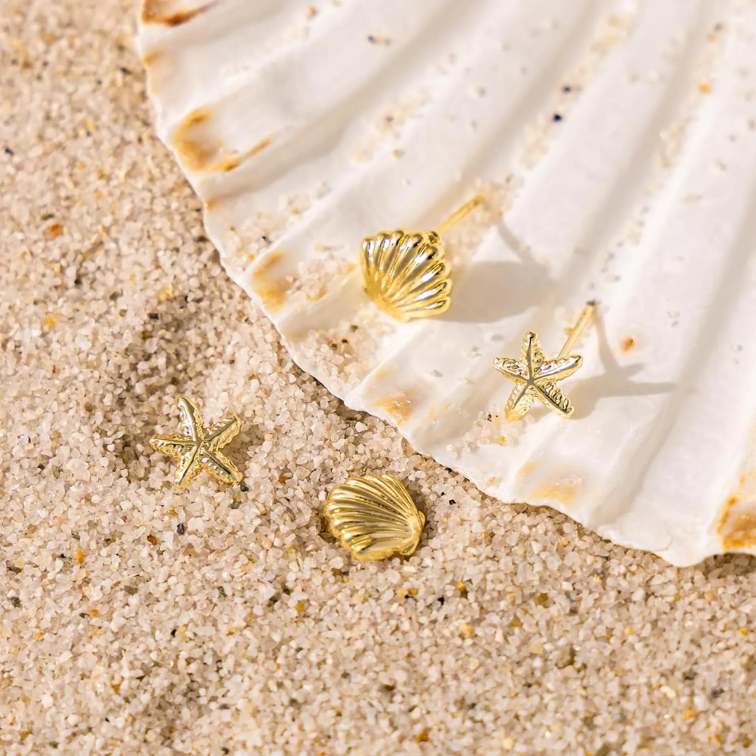 Gold Earrings for Women - 2 Pairs 14K Gold/Silver Plated Small Shell, Starfish, Turtle, Seahorse, Octopus, Cicada Stud Earrings Set Summer Beachy Jewelry for Women Gifts