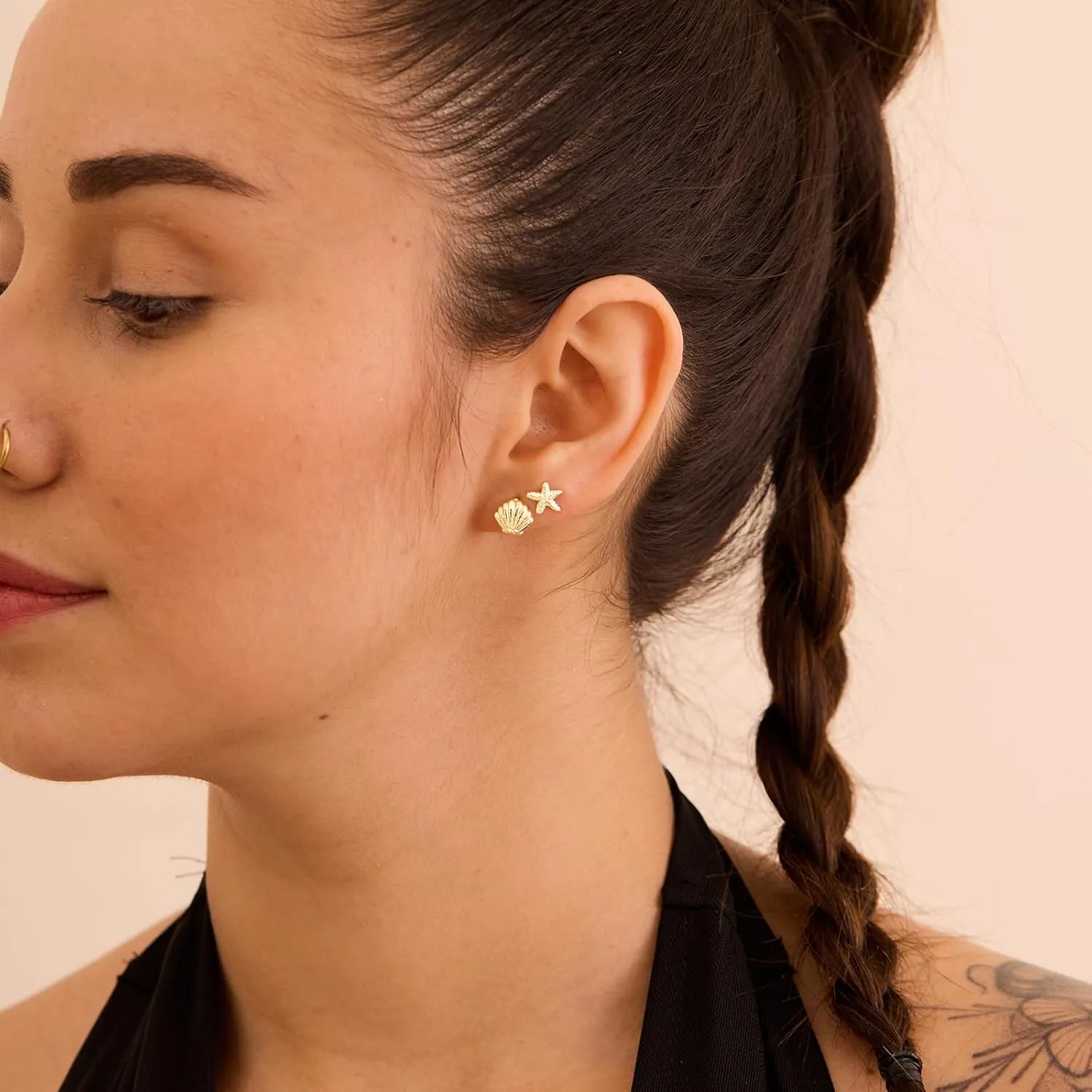 Gold Earrings for Women - 2 Pairs 14K Gold/Silver Plated Small Shell, Starfish, Turtle, Seahorse, Octopus, Cicada Stud Earrings Set Summer Beachy Jewelry for Women Gifts